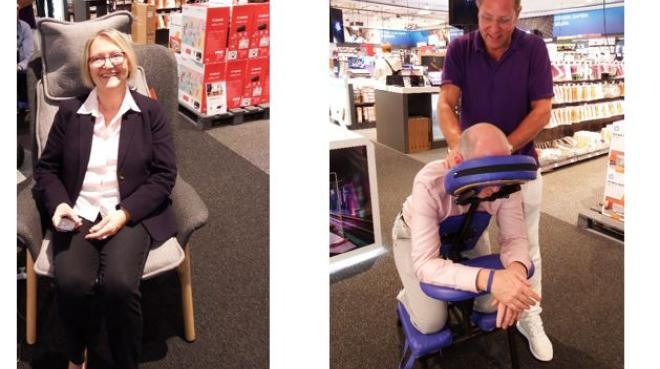 Für Wellness-Feeling sorgten Massagegeräte der Firma Beurer sowie ein Masseur, die hier CE-Markt-Chefredakteurin Jan Uebe die Verspannungen löst - Bilder: apc